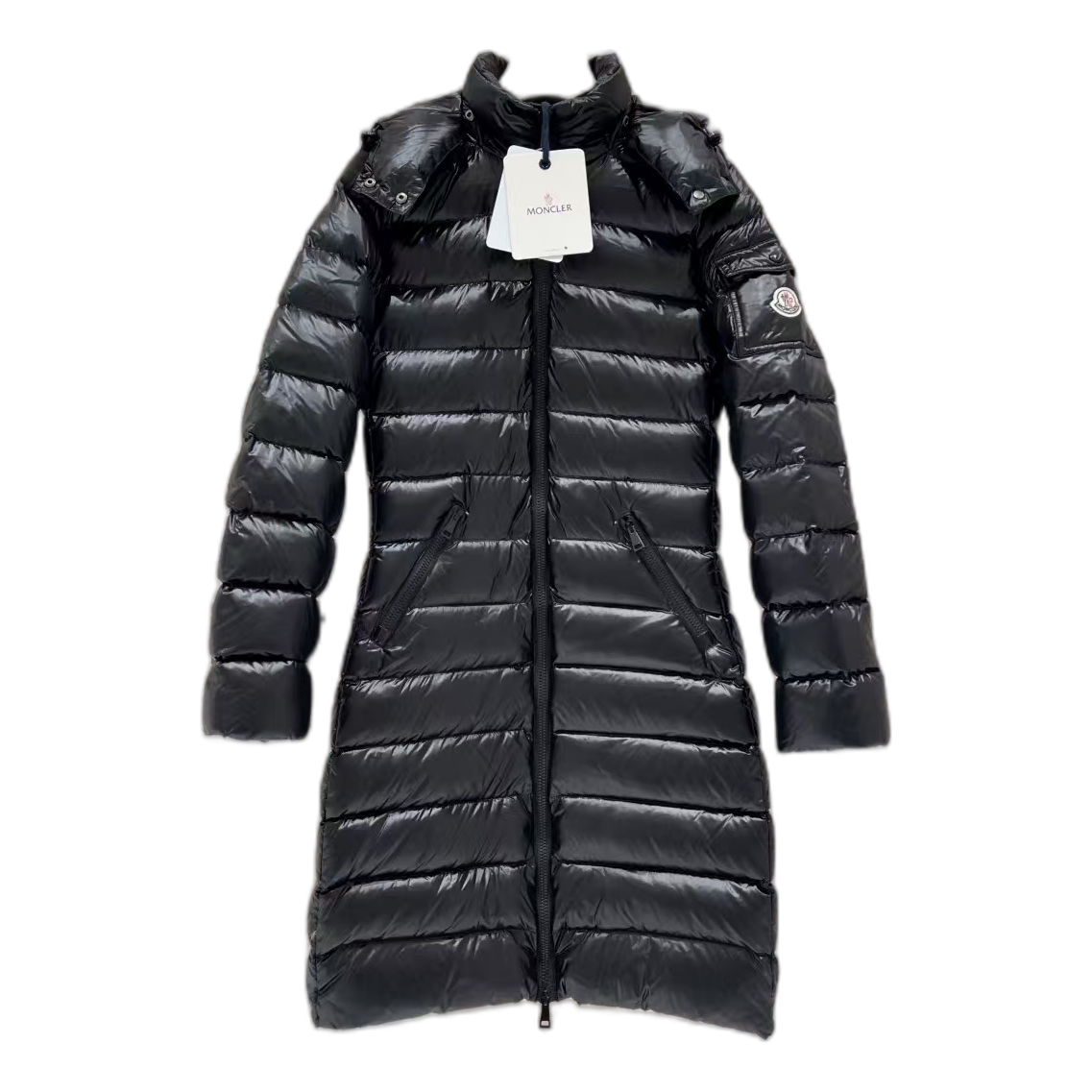 Moncler Narrow-Quilt Long Puffer Coat with Fur-Trimmed Hood - Black