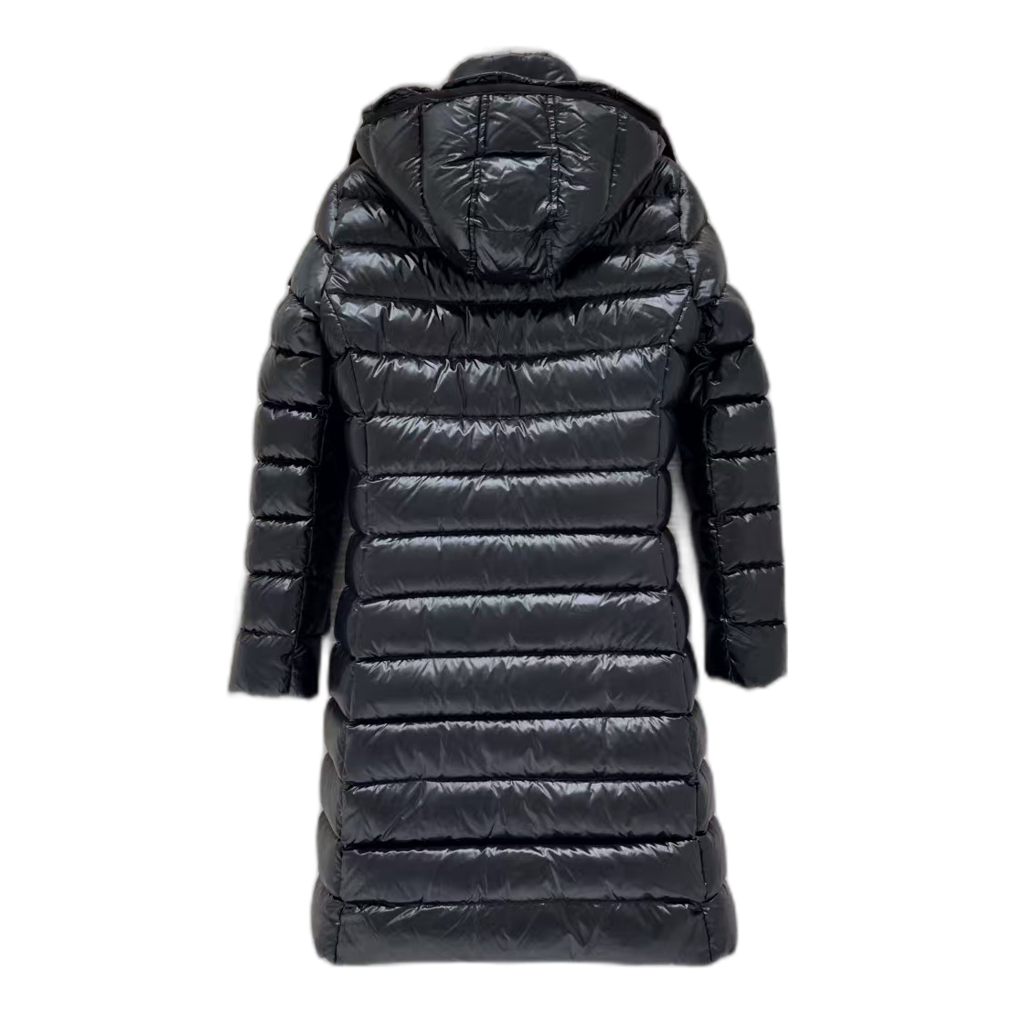 Moncler Narrow-Quilt Long Puffer Coat with Fur-Trimmed Hood - Black