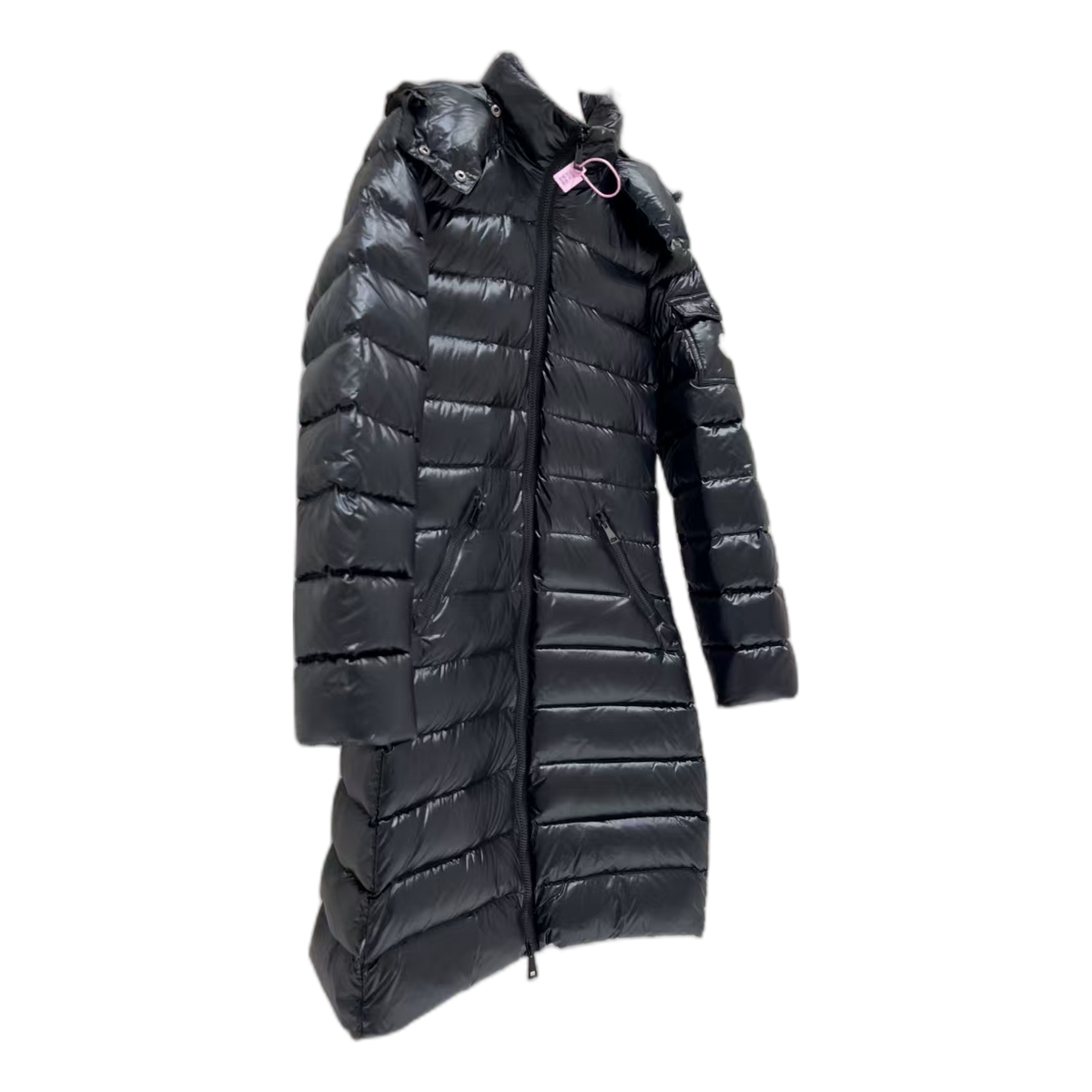 Moncler Narrow-Quilt Long Puffer Coat with Fur-Trimmed Hood - Black