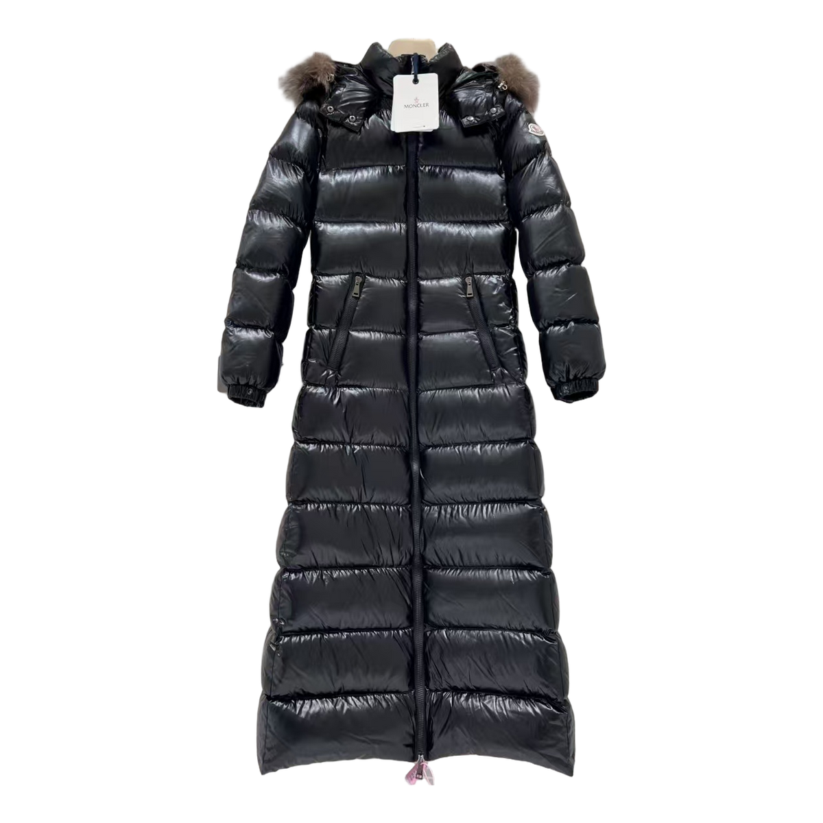 Moncler Hudson Long Puffer Coat with Fur Trim