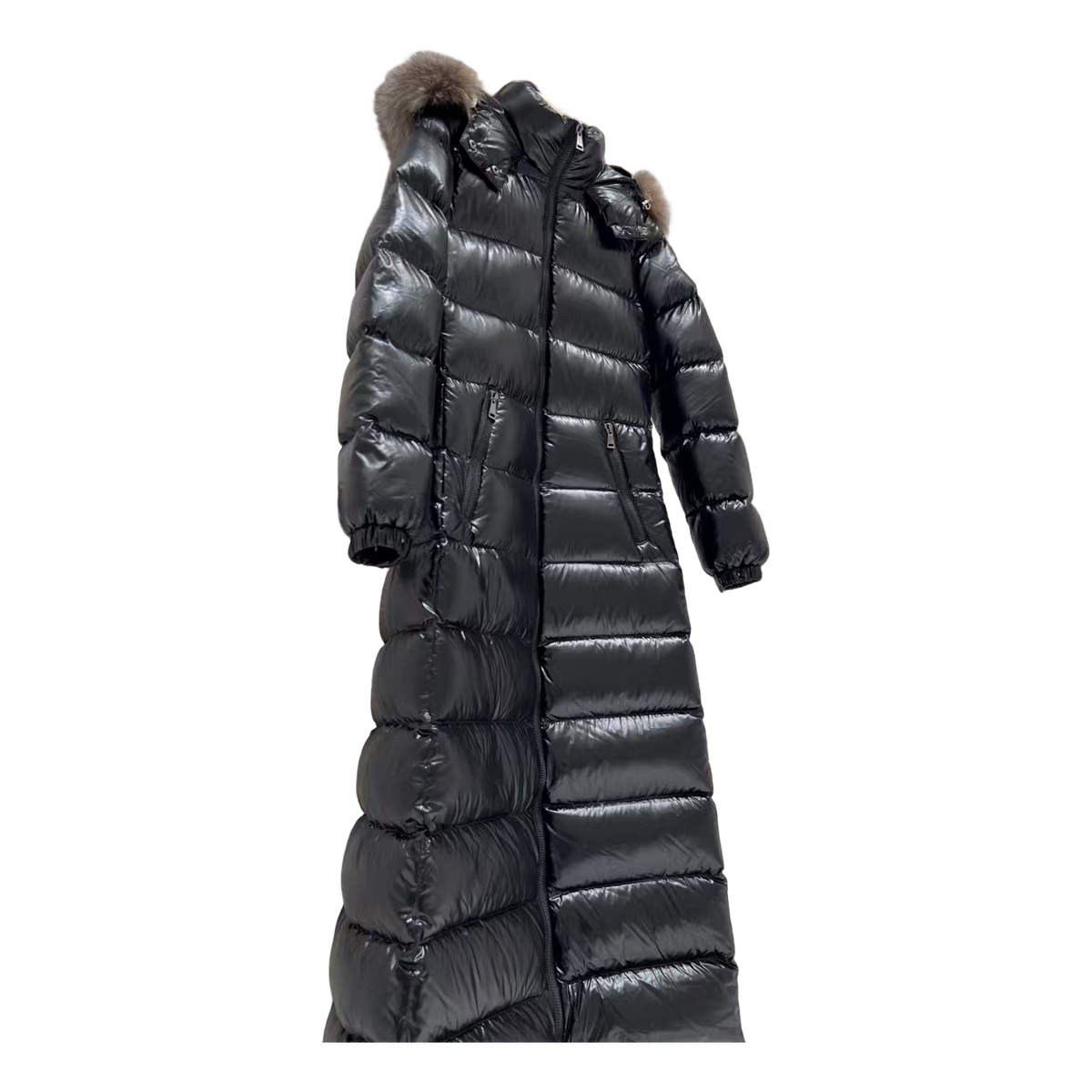 Moncler Hudson Long Puffer Coat with Fur Trim