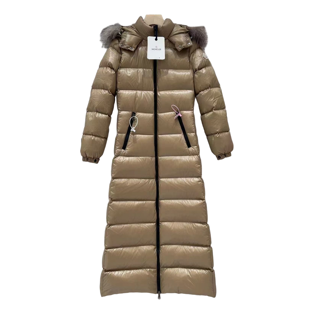 Moncler Hudson Long Puffer Coat with Fur Trim