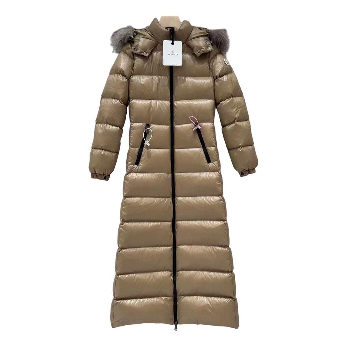 Moncler Hudson Long Puffer Coat with Fur Trim