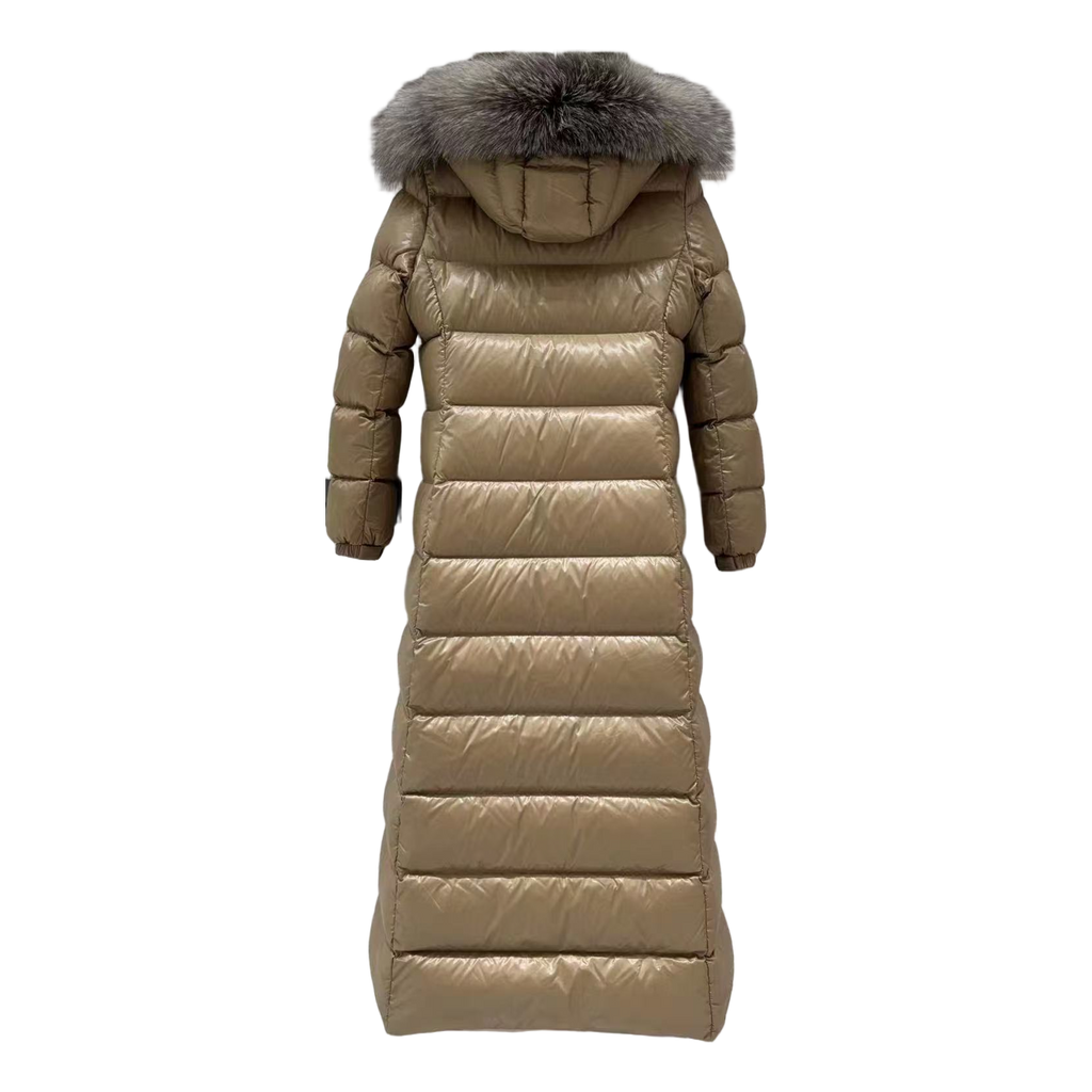 Moncler Hudson Long Puffer Coat with Fur Trim
