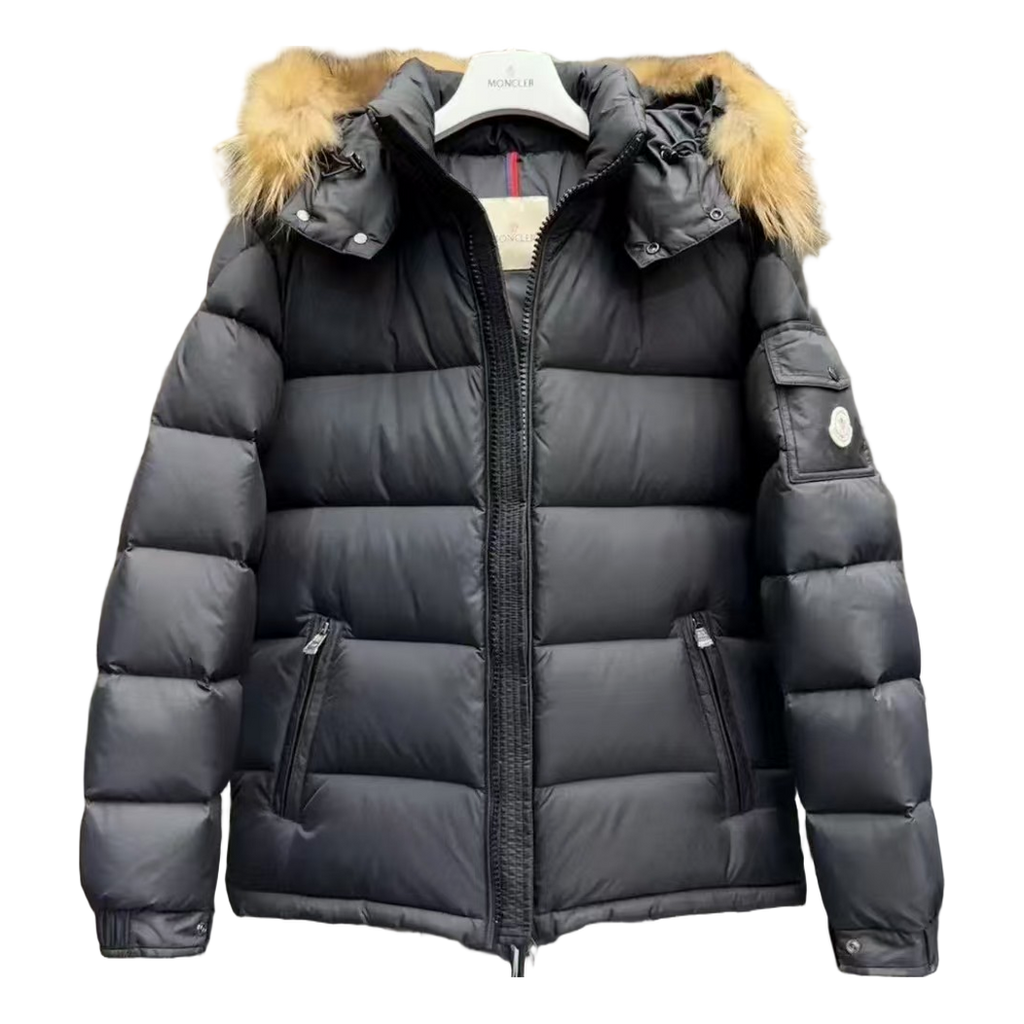 Moncler Hooded Puffer Jacket with Fur Trim - Black