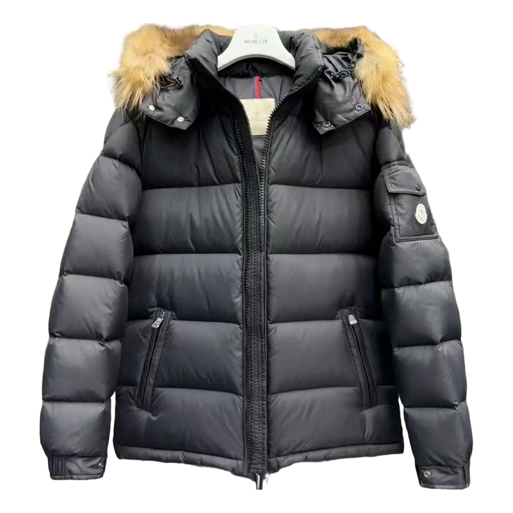 Moncler Hooded Puffer Jacket with Fur Trim - Black