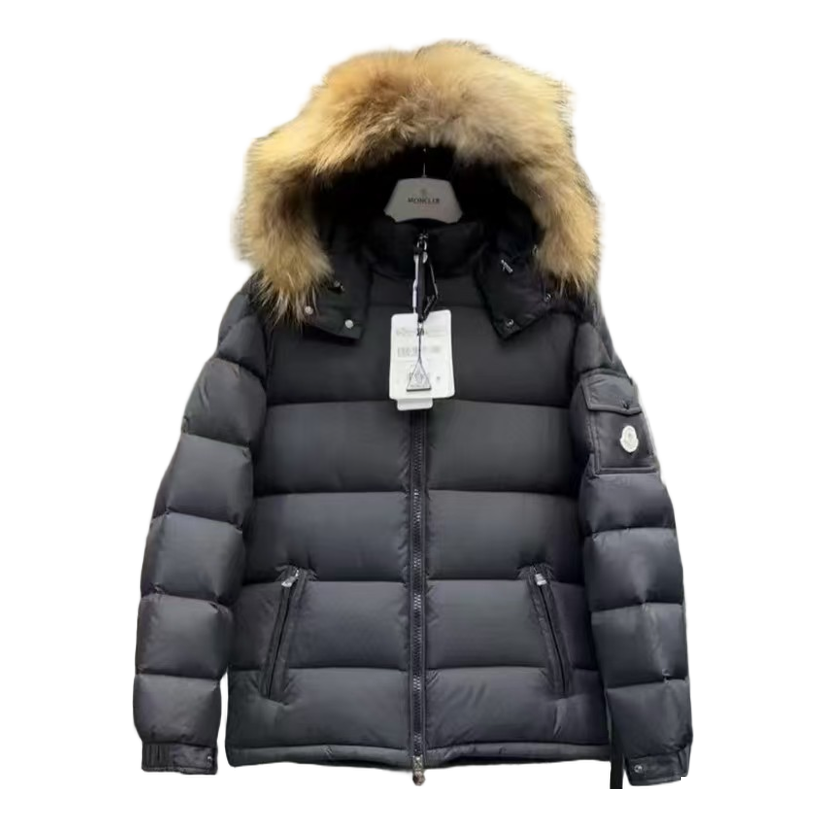 Moncler Hooded Puffer Jacket with Fur Trim - Black