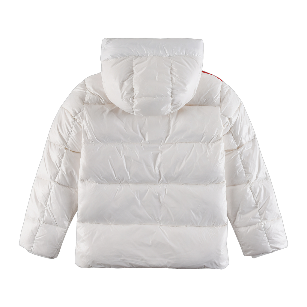 Moncler Hooded Puffer Jacket with Tricolor Sleeve Stripe - White