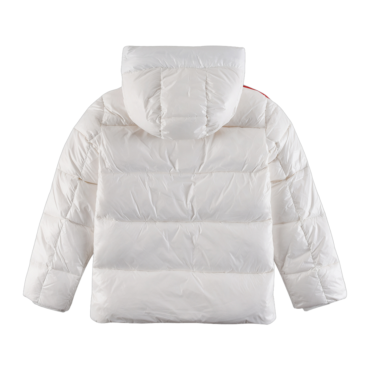 Moncler Hooded Puffer Jacket with Tricolor Sleeve Stripe - White