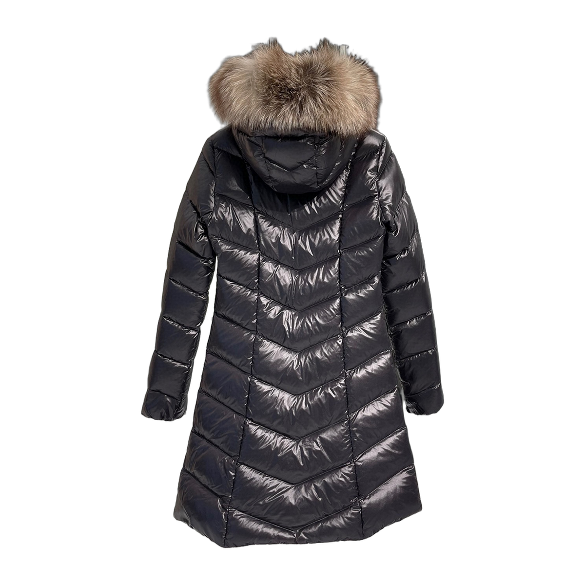 Moncler Fulmarus Long Chevron-Quilted Coat with Fur Trim