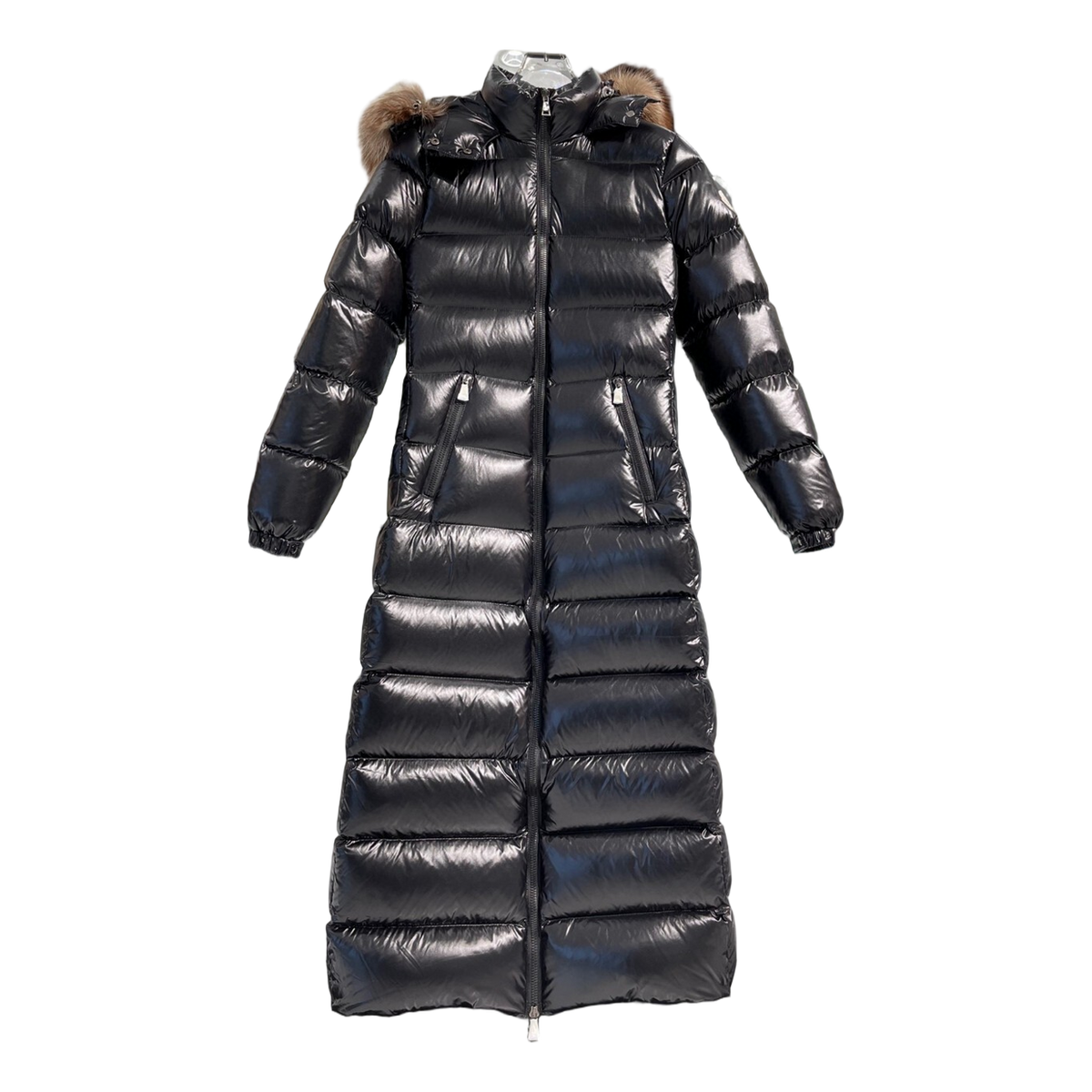 Moncler Glossy Long Puffer Coat with Fur-Trim Hood