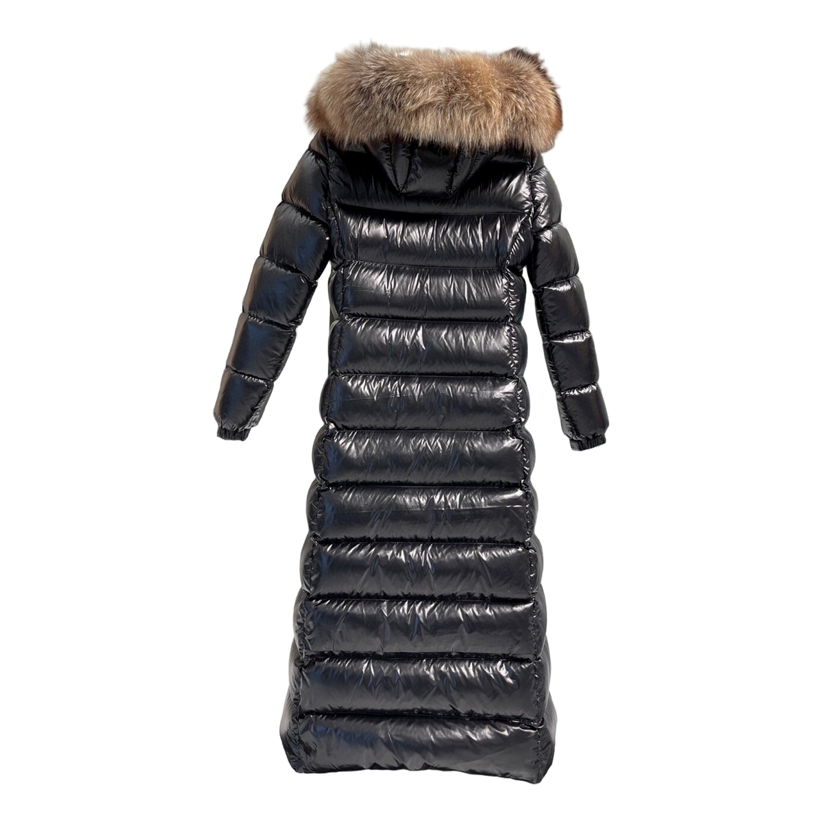 Moncler Glossy Long Puffer Coat with Fur-Trim Hood
