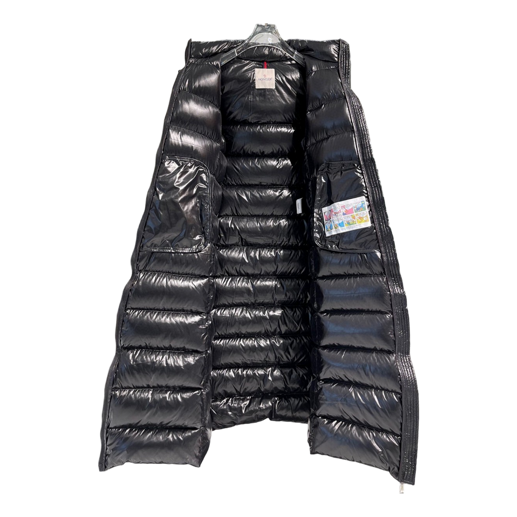 Moncler Glossy Long Puffer Coat with Fur-Trim Hood