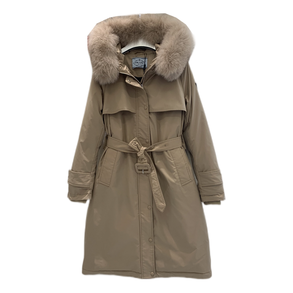 Prada Belted Faux Fur-Trim Hooded Coat - Beige