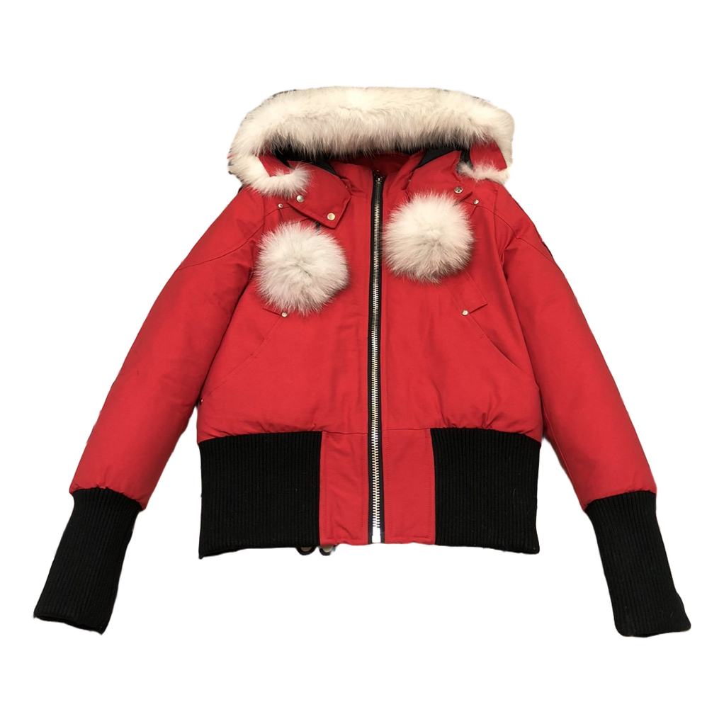 Moose Knuckles Debbie Hooded Bomber Jacket with Pom-Pom - Red