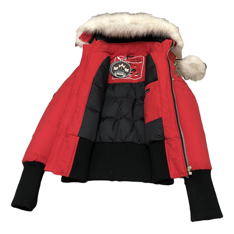 Moose Knuckles Debbie Hooded Bomber Jacket with Pom-Pom - Red