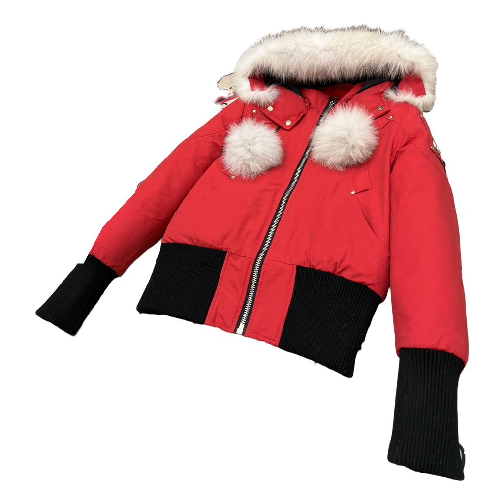 Moose Knuckles Debbie Hooded Bomber Jacket with Pom-Pom - Red