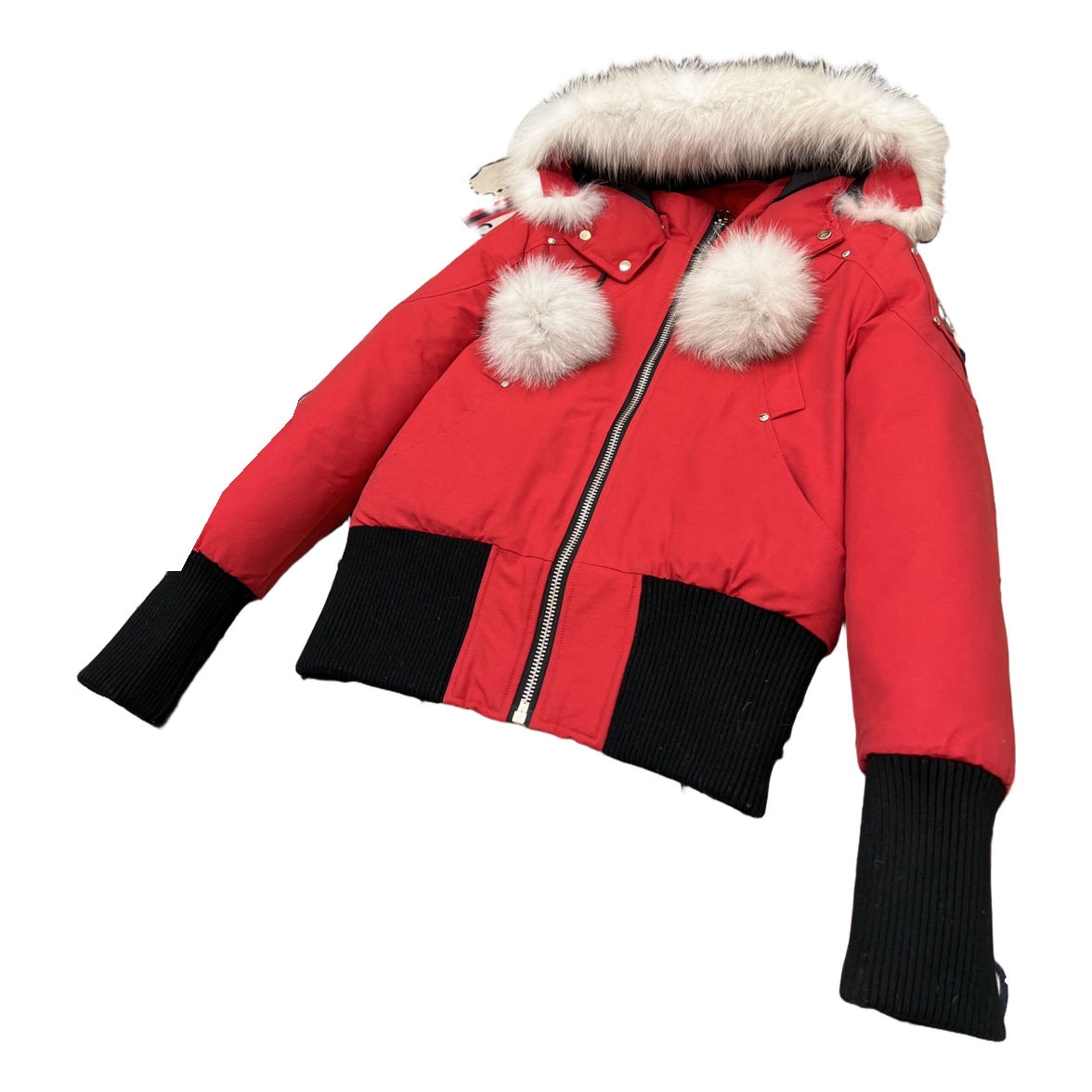 Moose Knuckles Debbie Hooded Bomber Jacket with Pom-Pom - Red