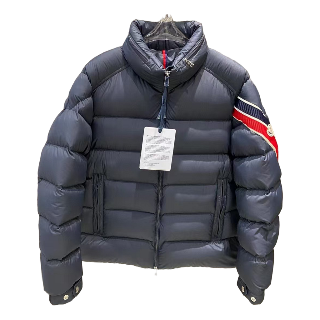 Moncler Stand-Collar Puffer Jacket with Tricolor Sleeve Band - Navy