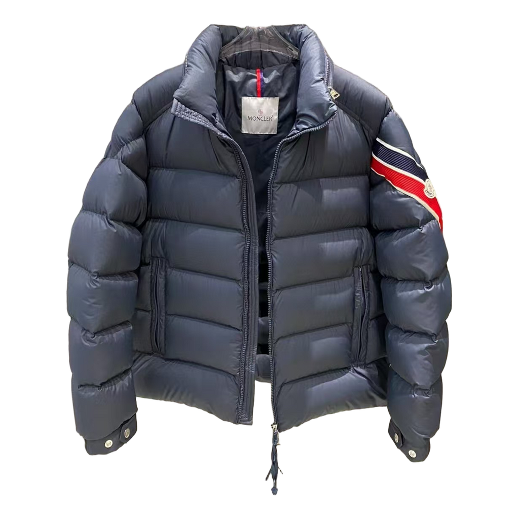 Moncler Stand-Collar Puffer Jacket with Tricolor Sleeve Band - Navy