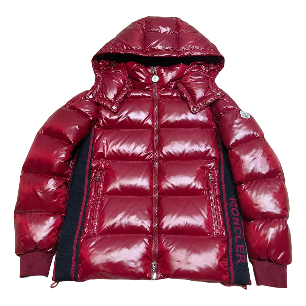 Moncler Glossy Hooded Puffer Jacket with Logo Zip - Red