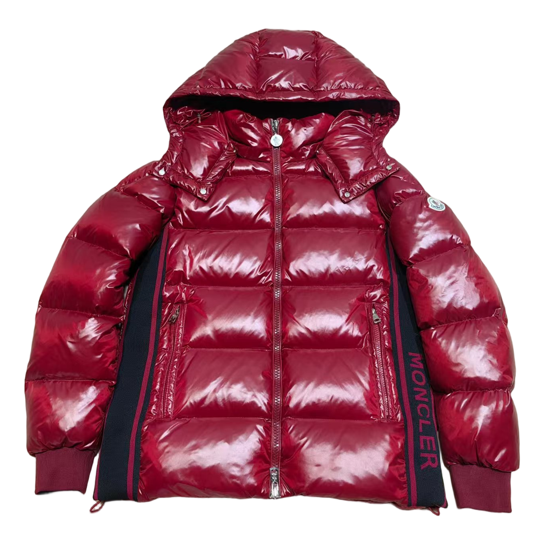 Moncler Glossy Hooded Puffer Jacket with Logo Zip - Red