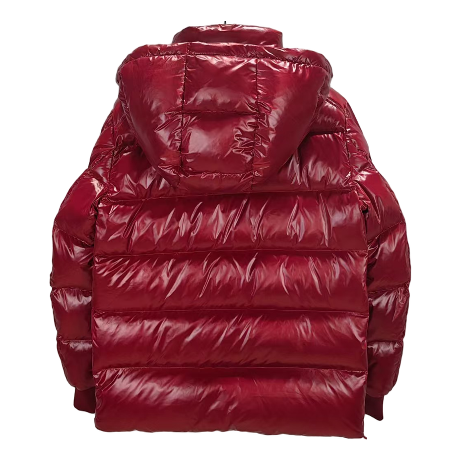 Moncler Glossy Hooded Puffer Jacket with Logo Zip - Red