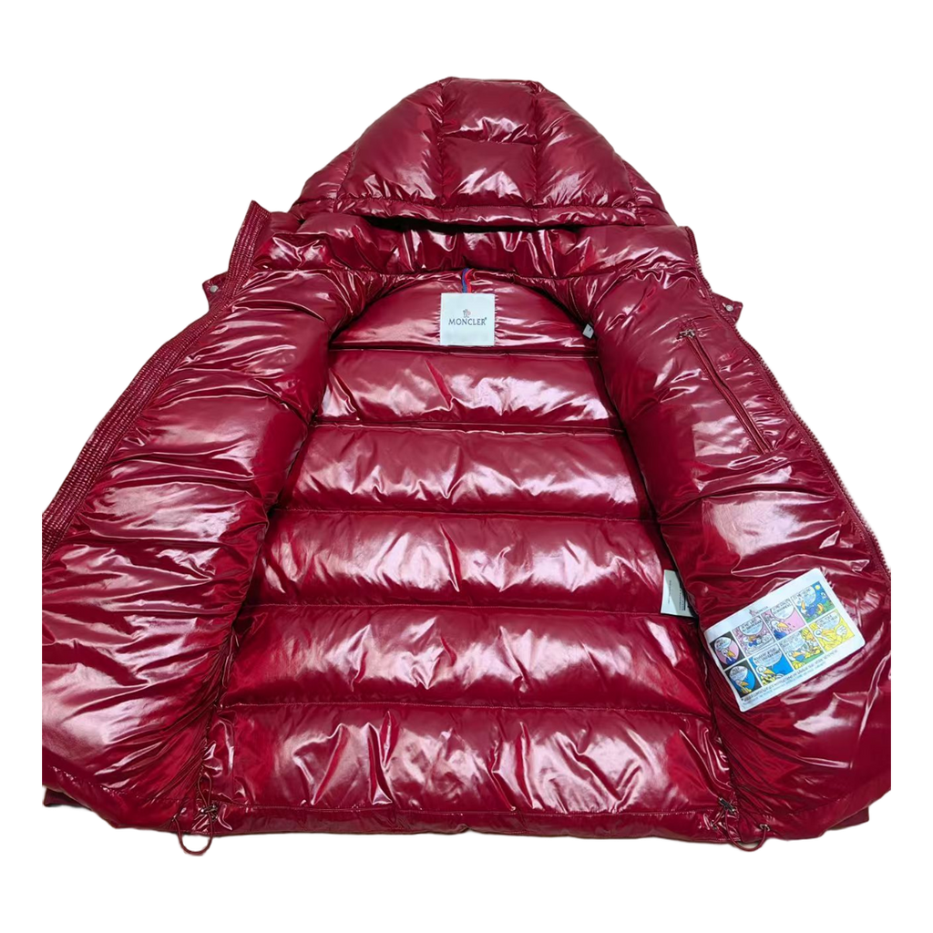 Moncler Glossy Hooded Puffer Jacket with Logo Zip - Red
