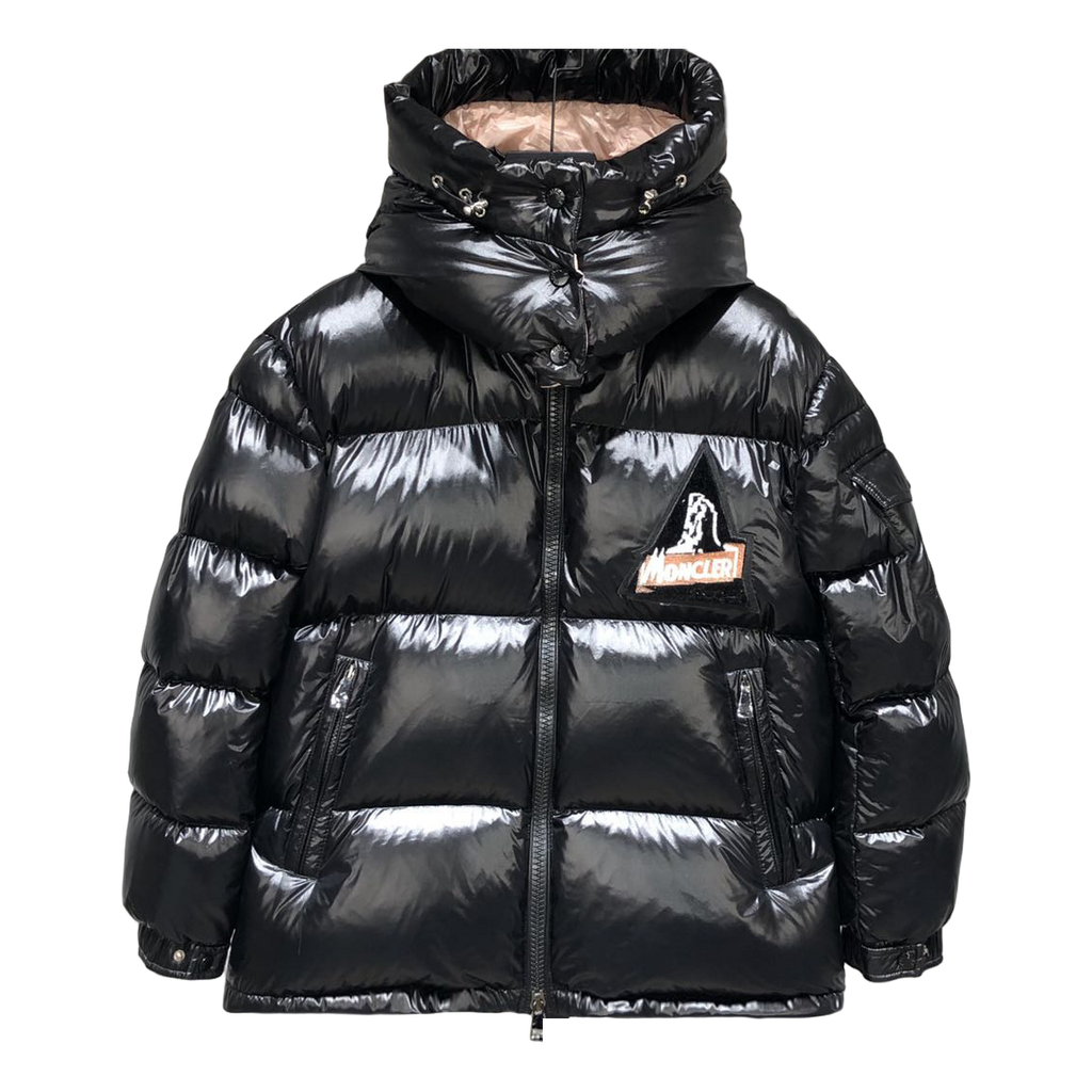 Moncler Glossy Short Puffer Jacket with Mountain Badge - Black