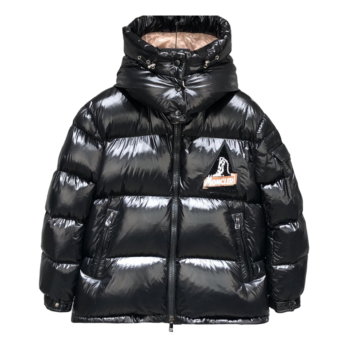 Moncler Glossy Short Puffer Jacket with Mountain Badge - Black
