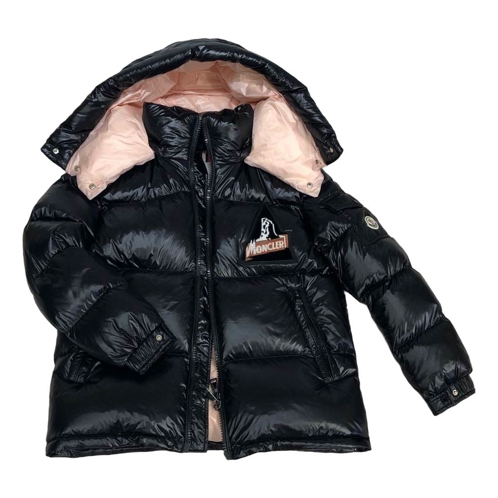 Moncler Glossy Short Puffer Jacket with Mountain Badge - Black