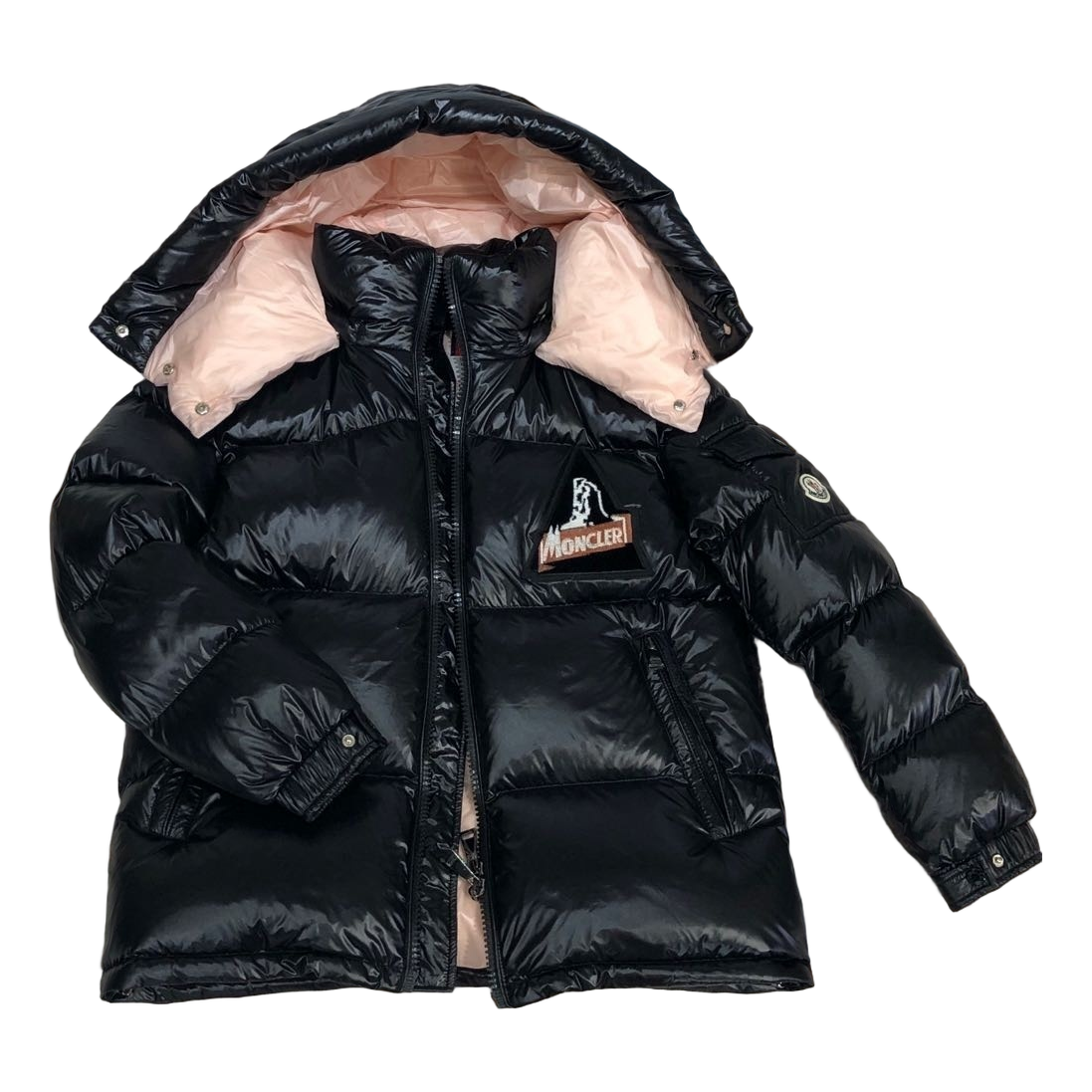 Moncler Glossy Short Puffer Jacket with Mountain Badge - Black