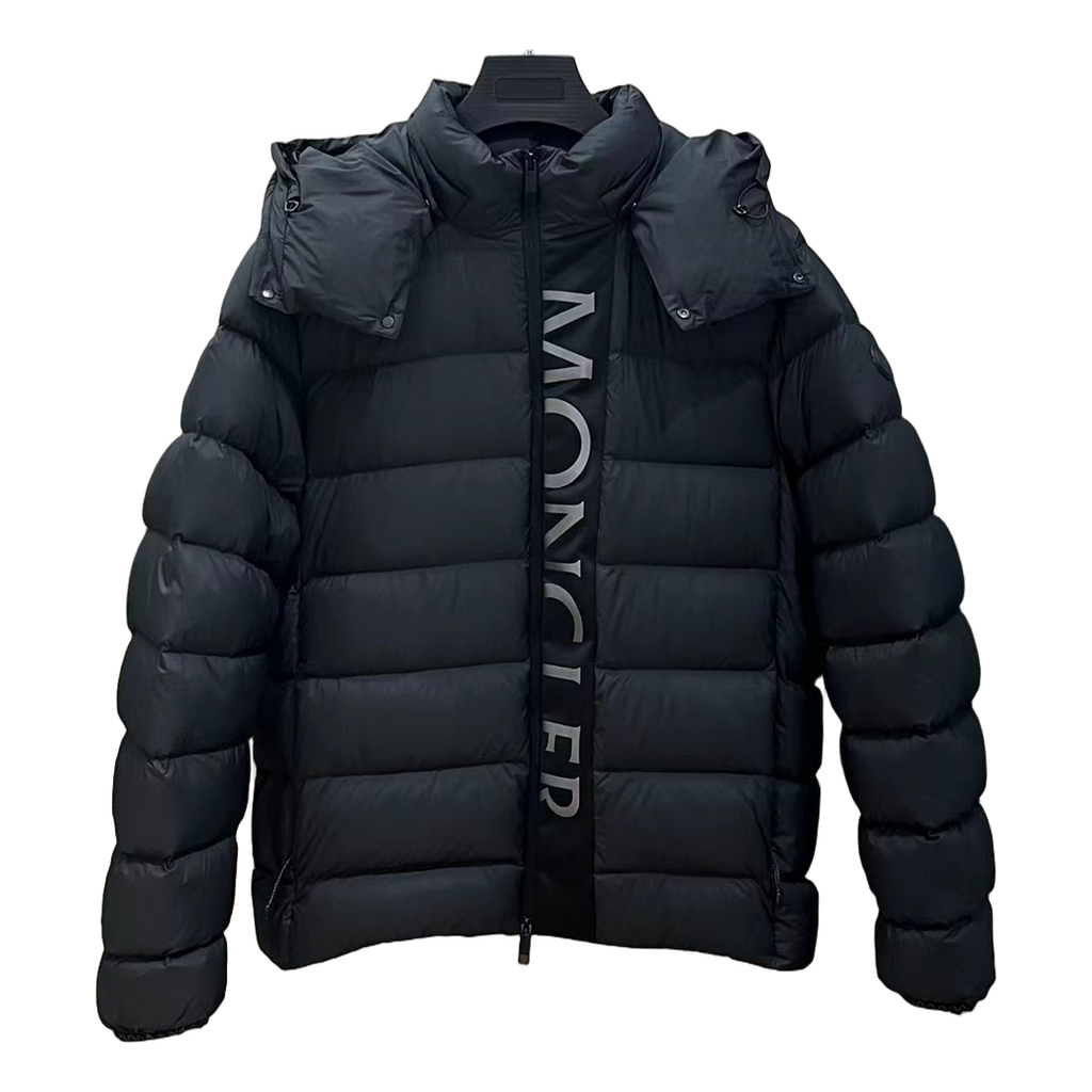 Moncler Hooded Puffer Jacket with Vertical Logo Placket - Black