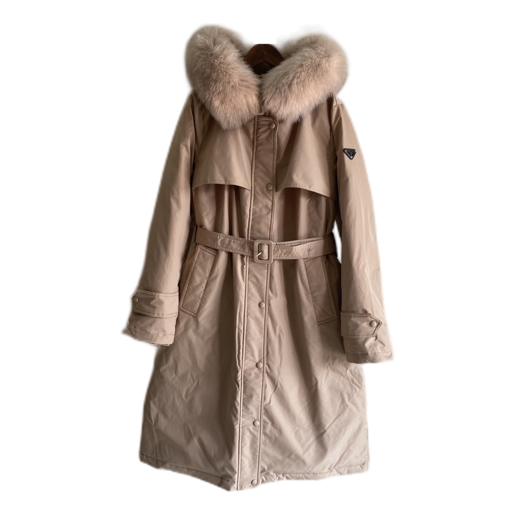 Prada Belted Faux Fur-Trim Hooded Coat - Blush Beige