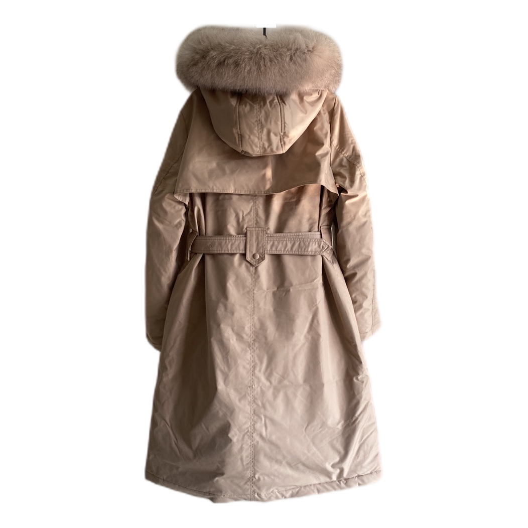 Prada Belted Faux Fur-Trim Hooded Coat - Blush Beige