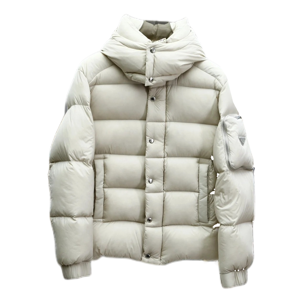 Prada Hooded Puffer Jacket with Utility Sleeve Pouch