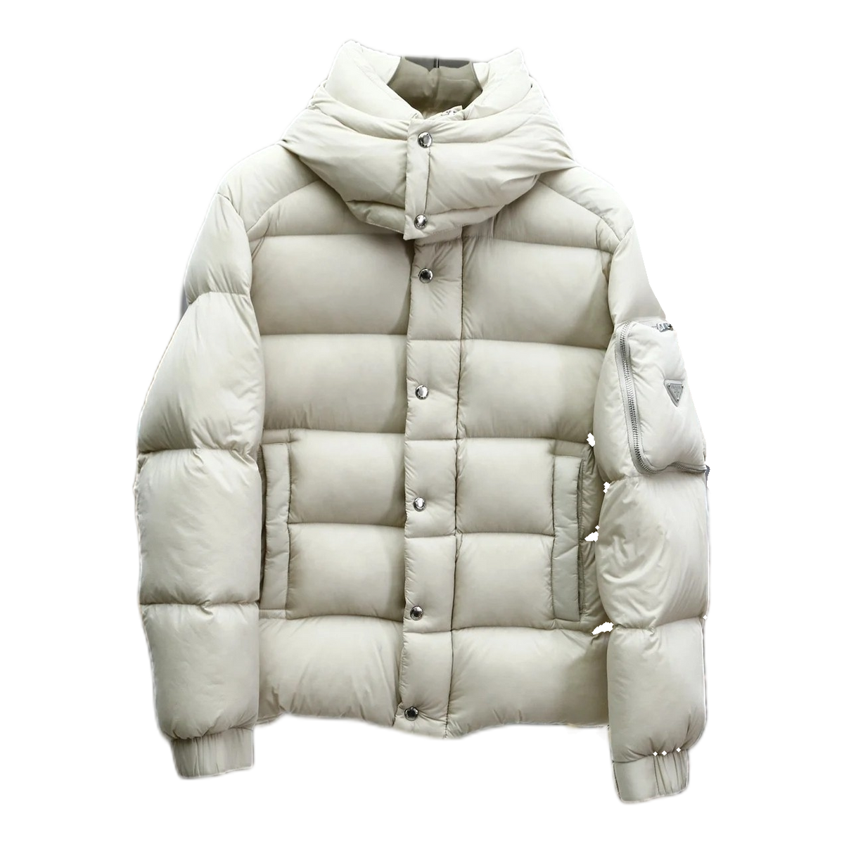 Prada Hooded Puffer Jacket with Utility Sleeve Pouch