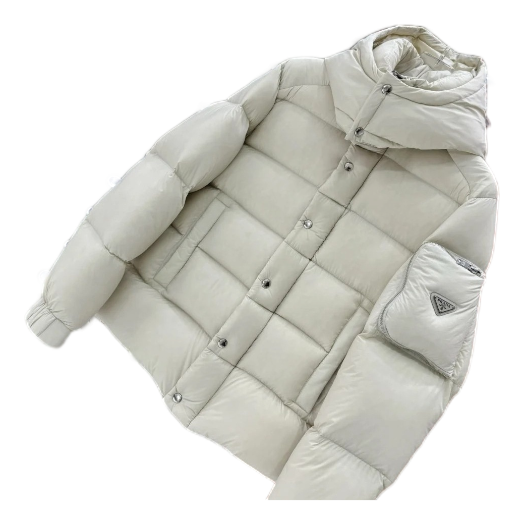 Prada Hooded Puffer Jacket with Utility Sleeve Pouch